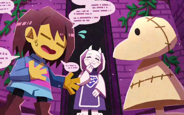 4K Ultra HD video game wallpaper featuring Toriel and Frisk from Undertale in a vibrant, colorful scene with speech bubbles and stylized background elements.