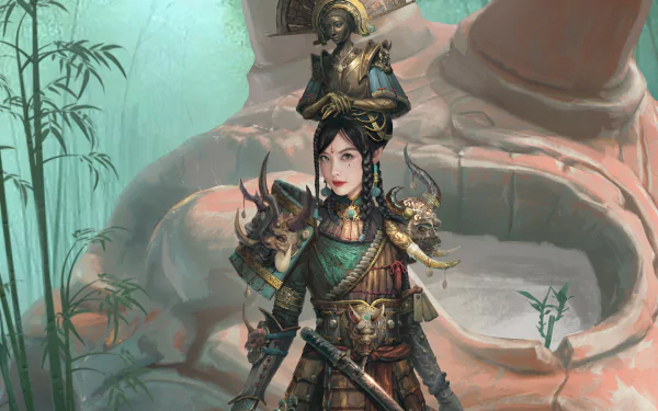A fierce women warrior adorned in fantasy attire in a high-definition desktop wallpaper.