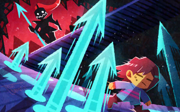 4K Ultra HD PC wallpaper featuring Undyne and Frisk from the video game Undertale, showcasing dynamic action with glowing blue arrows and a vibrant, intense background.