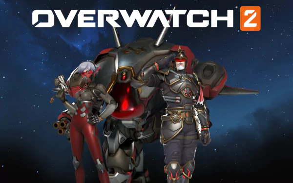 HD desktop wallpaper for Overwatch 2 featuring three characters in futuristic armor against a starry space background.