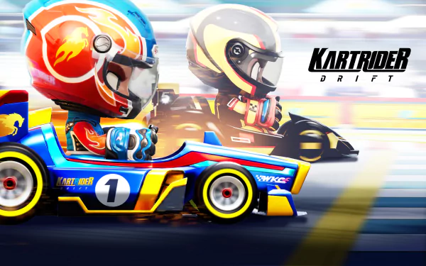HD desktop wallpaper of KartRider: Drift featuring two racers in vibrant helmets driving colorful go-karts at high speed, conveying a sense of motion and competition.