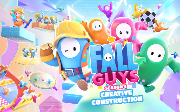 HD desktop wallpaper for Fall Guys Season 4 featuring colorful characters in a vibrant, playful setting with a 'Creative Construction' theme.