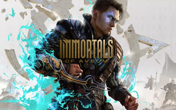 HD wallpaper featuring a dynamic character from Immortals of Aveum with visually striking blue energy effects for desktop background.