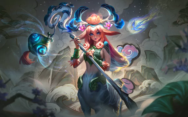 Lillia from League of Legends wields a glowing staff in a mystical forest, showcased in a vibrant 4K Ultra HD PC desktop wallpaper.