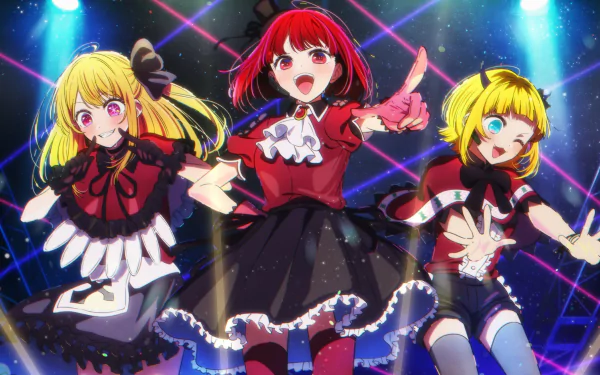 HD desktop wallpaper featuring anime characters Mem-Cho, Kana Arima, and Ruby Hoshino from Oshi no Ko, posing energetically on stage with vibrant colored lights in the background.