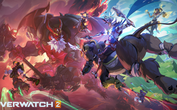 Overwatch 2 dynamic HD desktop wallpaper featuring action-packed battle scene with characters in vibrant colors.