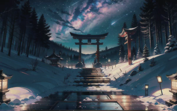 Anime-style HD desktop wallpaper depicting a serene snowy night with a torii gate, lanterns, and a starry sky framed by tall pine trees.