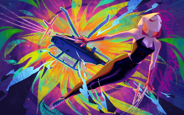 Vibrant 4K Ultra HD PC wallpaper featuring Gwen Stacy from the movie Spider-Man: Across the Spider-Verse in dynamic action against a colorful abstract background.