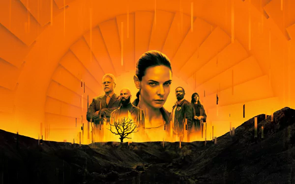 4K Ultra HD desktop wallpaper featuring characters from the TV show Silo against an intense orange industrial backdrop with a silhouetted barren landscape.