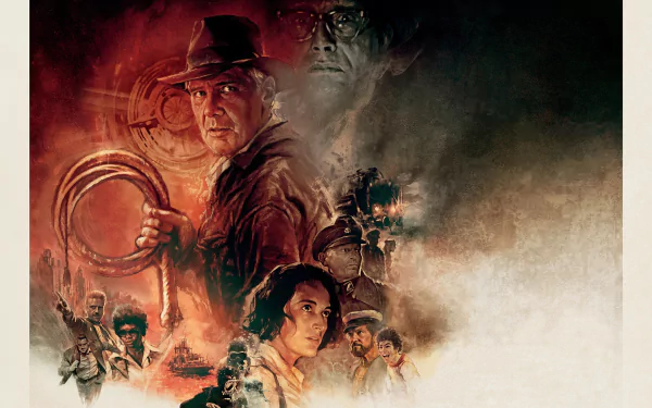 A high-definition desktop wallpaper featuring an adventurous movie scene from Indiana Jones and the Dial of Destiny.