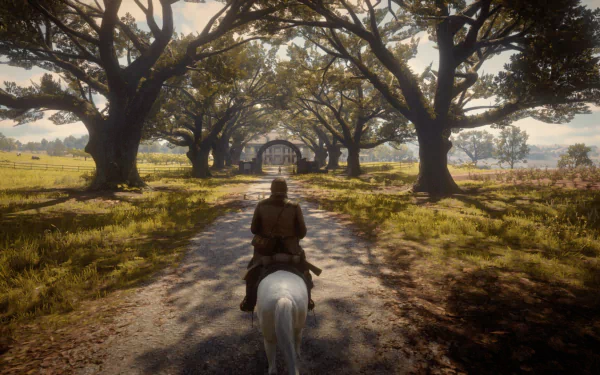 Arthur Morgan riding through a scenic landscape in Red Dead Redemption 2 - HD desktop wallpaper.