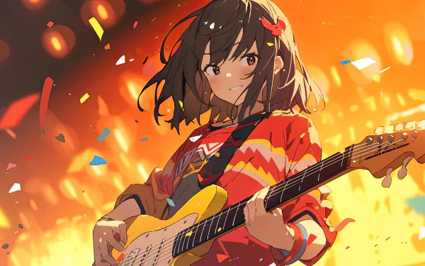 Anime girl guitarist playing electric guitar live, surrounded by vibrant confetti and warm lighting, captured in 8K Ultra HD as a dynamic PC desktop wallpaper.