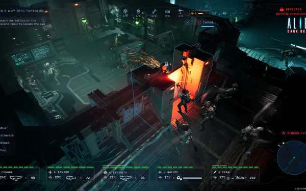 HD desktop wallpaper from Aliens: Dark Descent video game depicting a tactical combat scene in a futuristic control room.