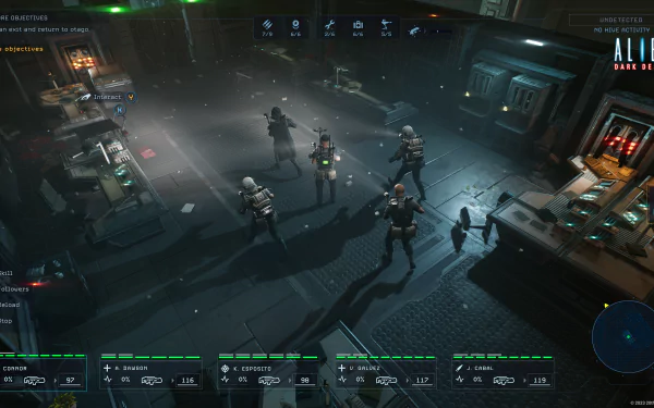 HD desktop wallpaper from the video game Aliens: Dark Descent, featuring characters in a tactical combat scenario inside a dimly lit facility.