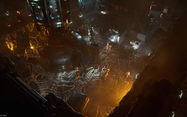 HD desktop wallpaper from the video game Aliens: Dark Descent featuring a dimly lit, detailed industrial scene with futuristic structures.