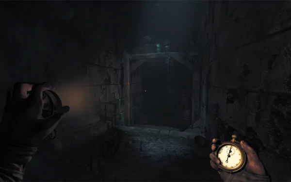 HD desktop wallpaper of Amnesia: The Bunker game showing a first-person view of a dimly lit, eerie underground passage with a hand holding a compass in the foreground.
