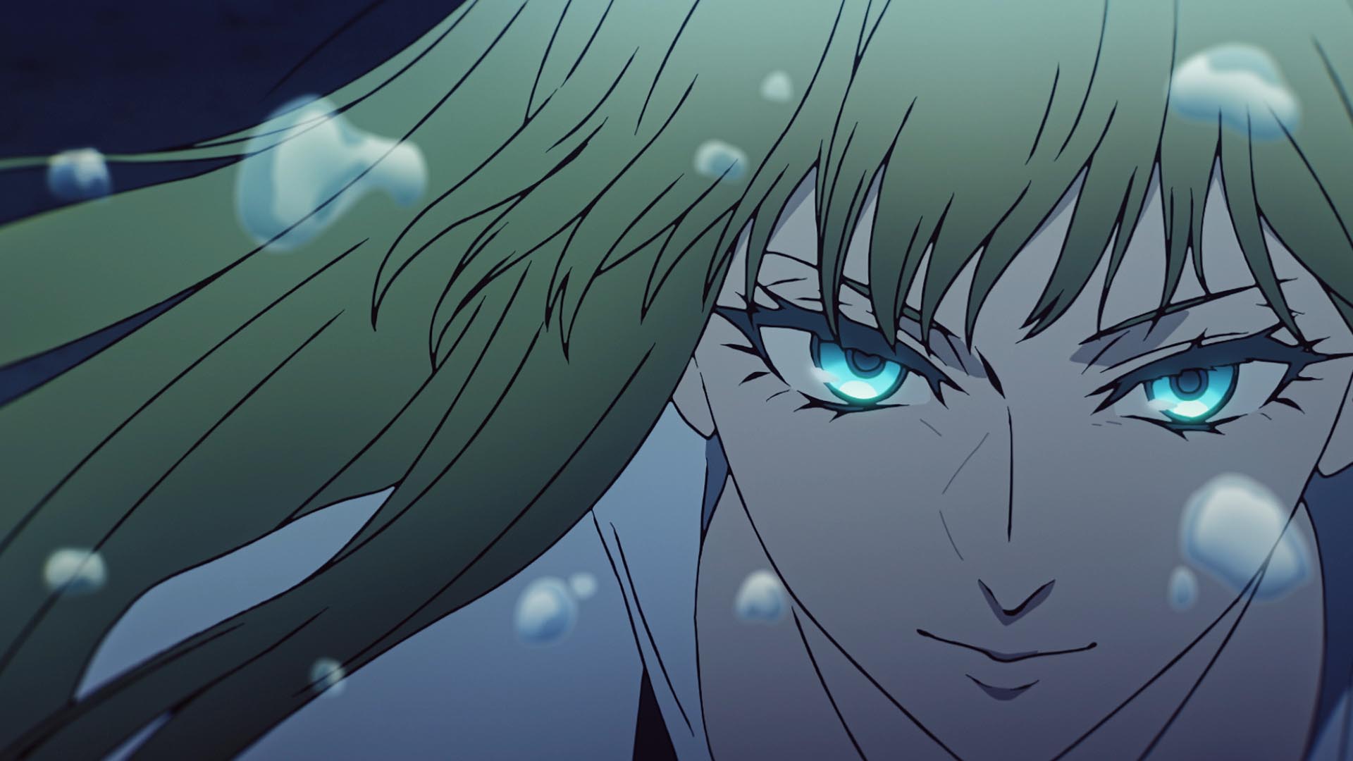 HD desktop wallpaper featuring a close-up of a Fate/strange fake anime character with striking blue eyes and flowing hair, set against a dark, mysterious background.