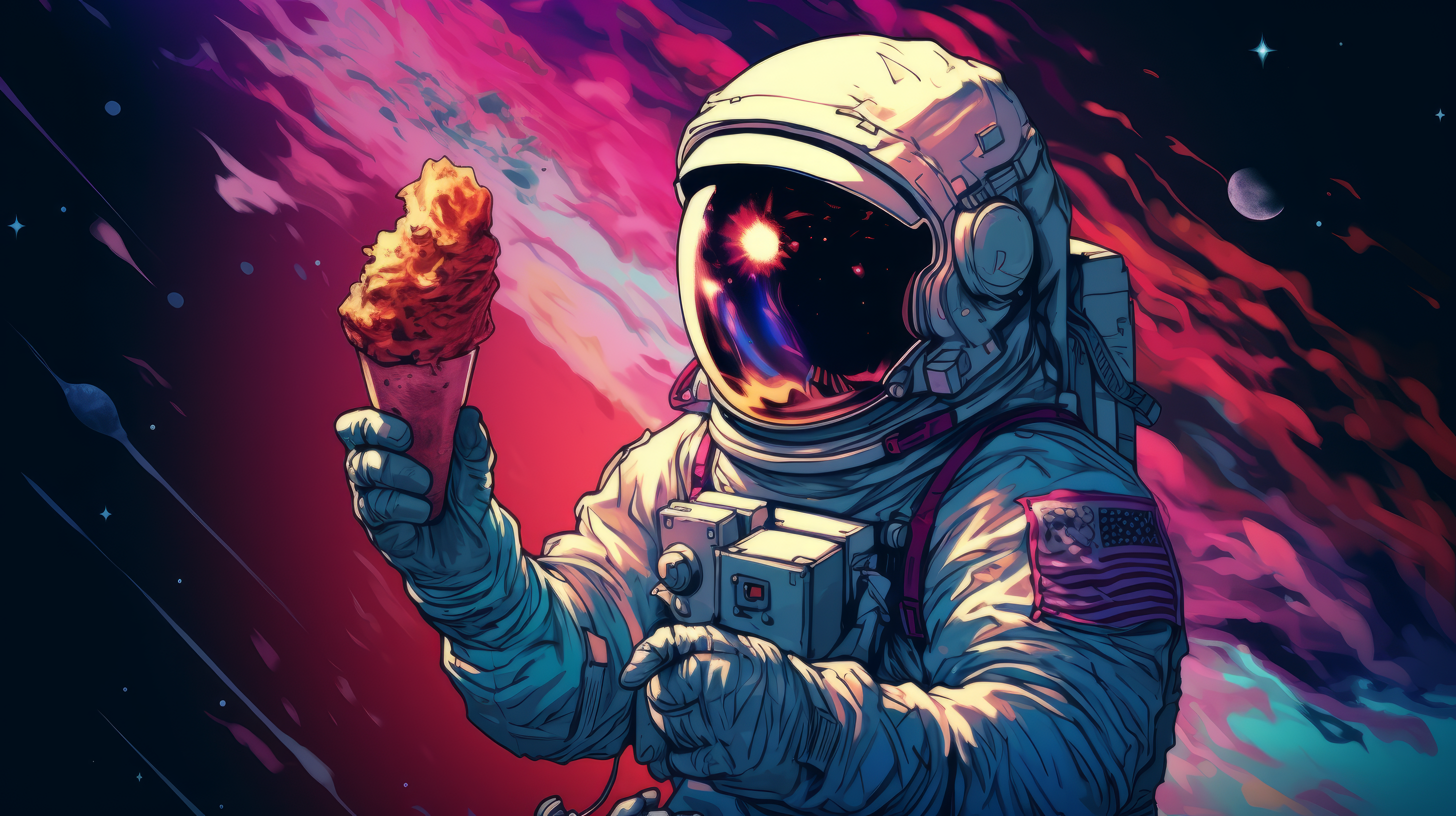 HD Wallpaper of an astronaut holding ice cream in space, created with AI Art, ideal for desktop and background use.