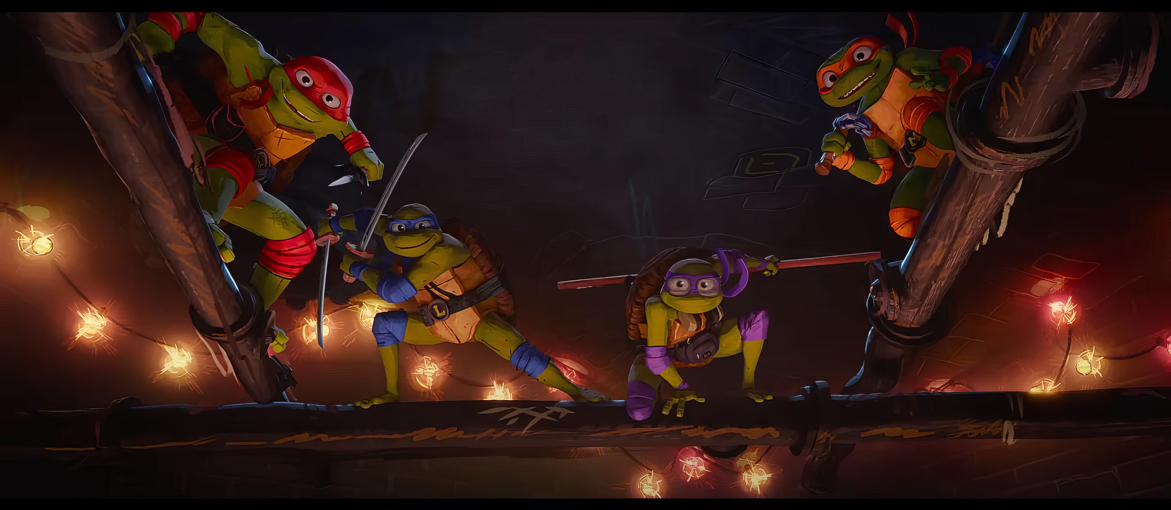 HD wallpaper featuring the Teenage Mutant Ninja Turtles characters from Mutant Mayhem, ideal for desktop backgrounds.