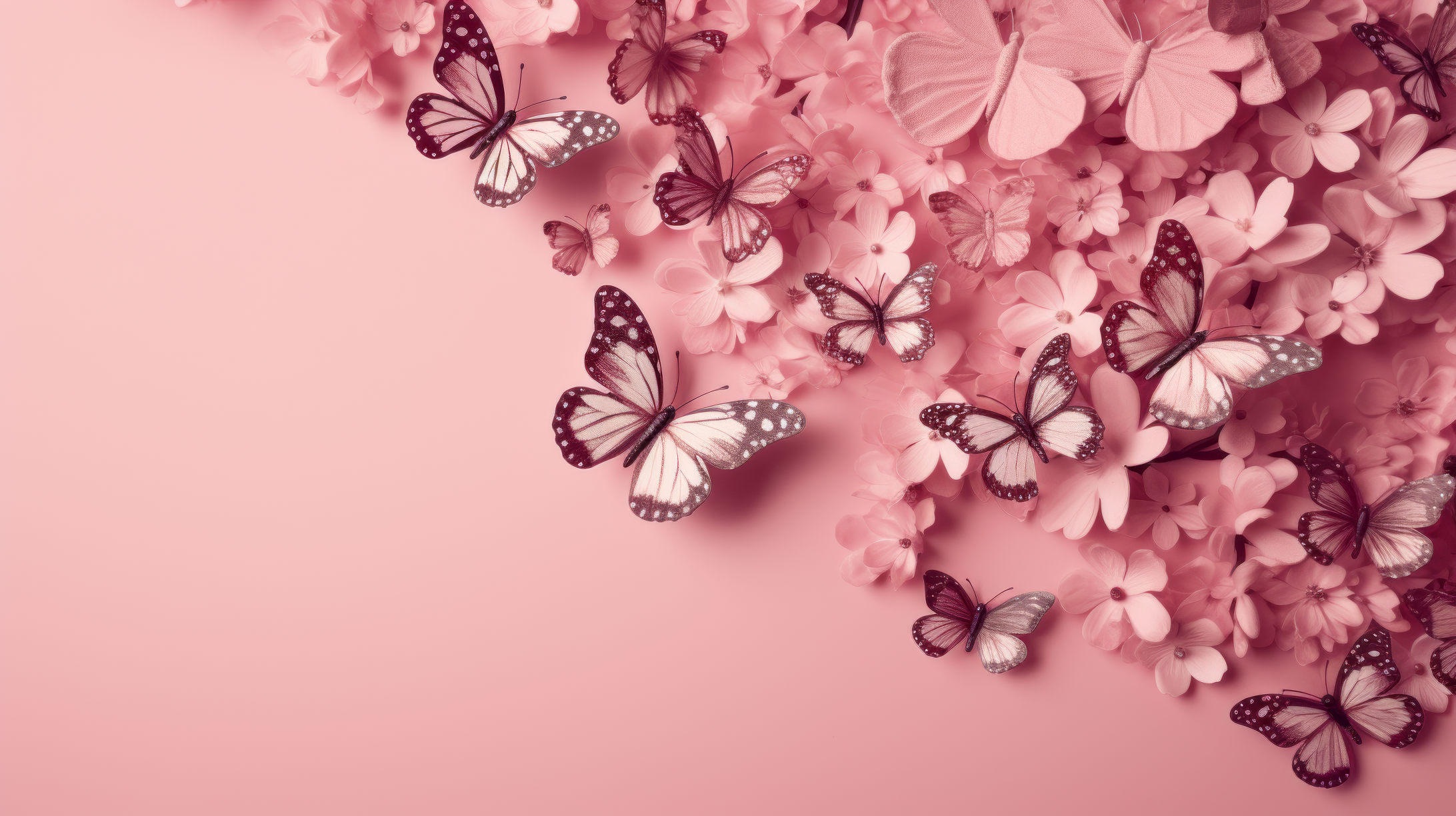 HD desktop wallpaper featuring pink aesthetic flowers and butterflies with a pastel pink background.