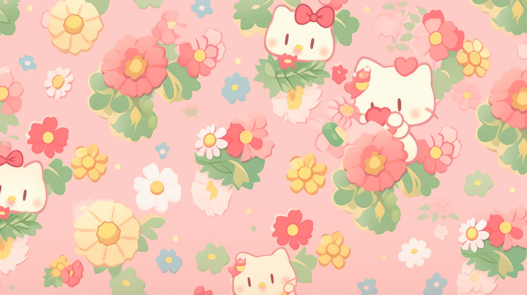 HD desktop wallpaper featuring a cute Hello Kitty pattern with colorful flowers on a pink background, suitable for a cheerful and playful screen background.