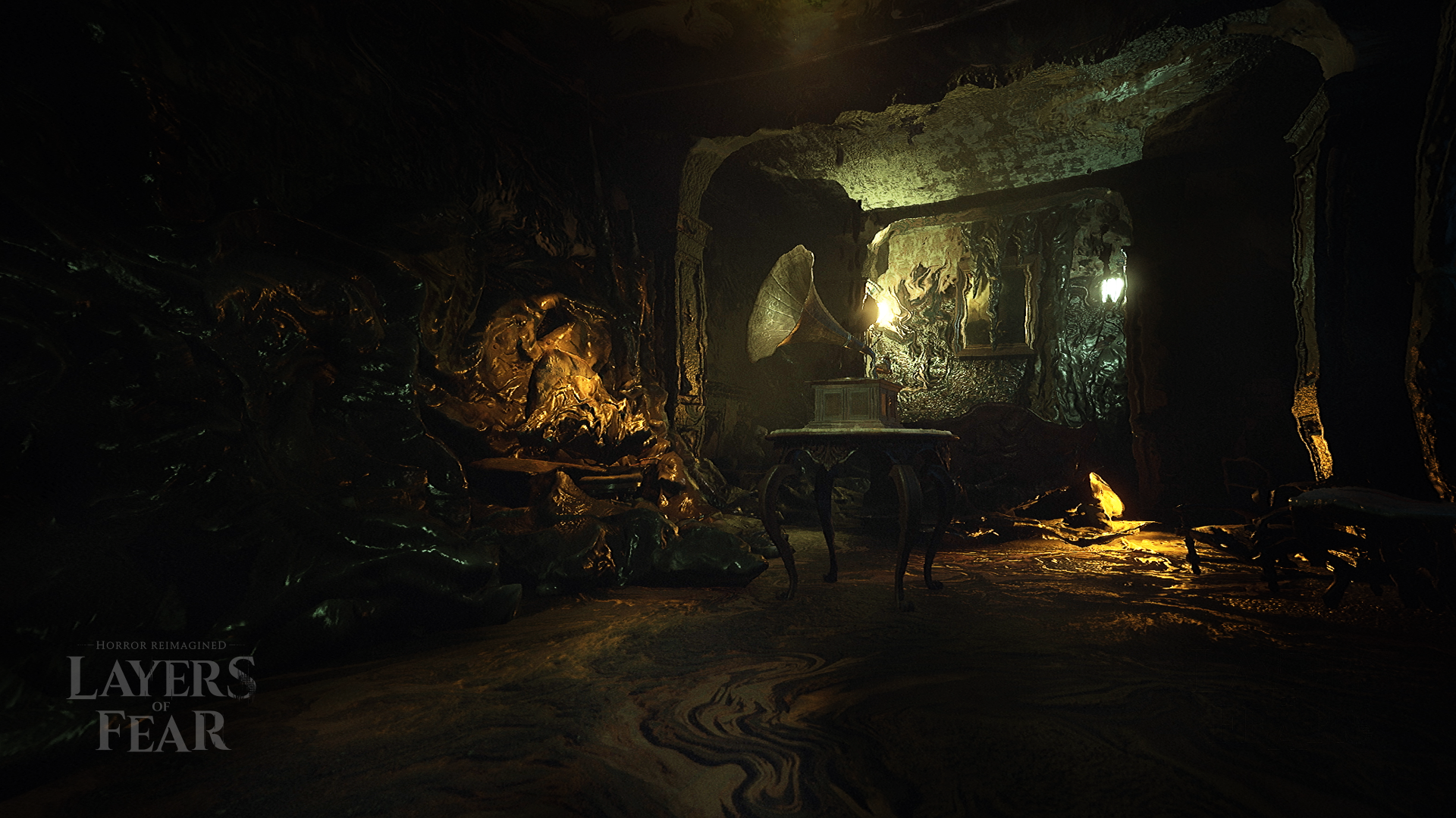 HD desktop wallpaper featuring a scene from the video game Layers of Fear, depicting a dimly lit room with eerie, distorted decor.