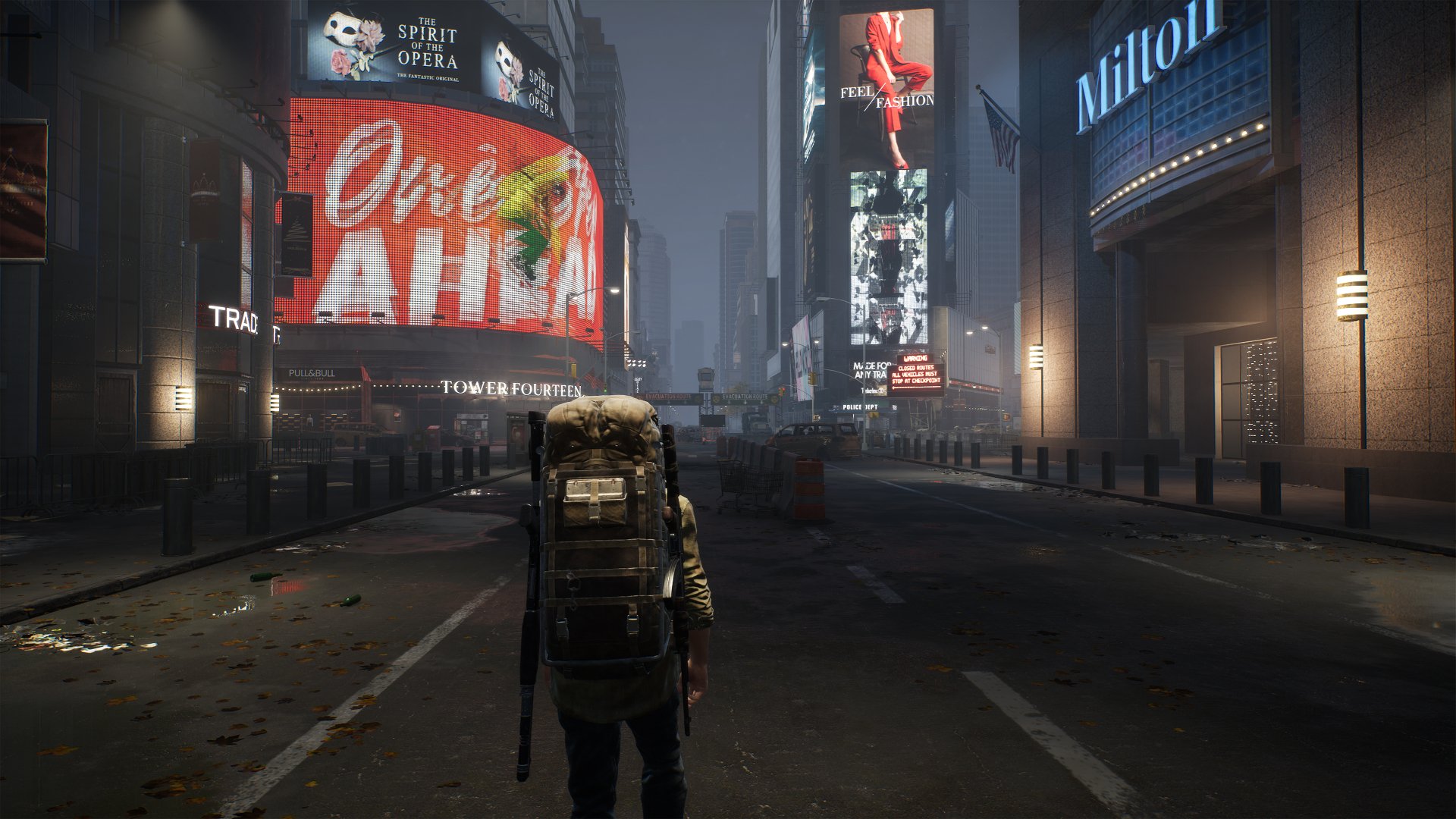 HD wallpaper featuring a scene from The Day Before with a lone survivor walking through a desolate, foggy city street lined with illuminated billboards.