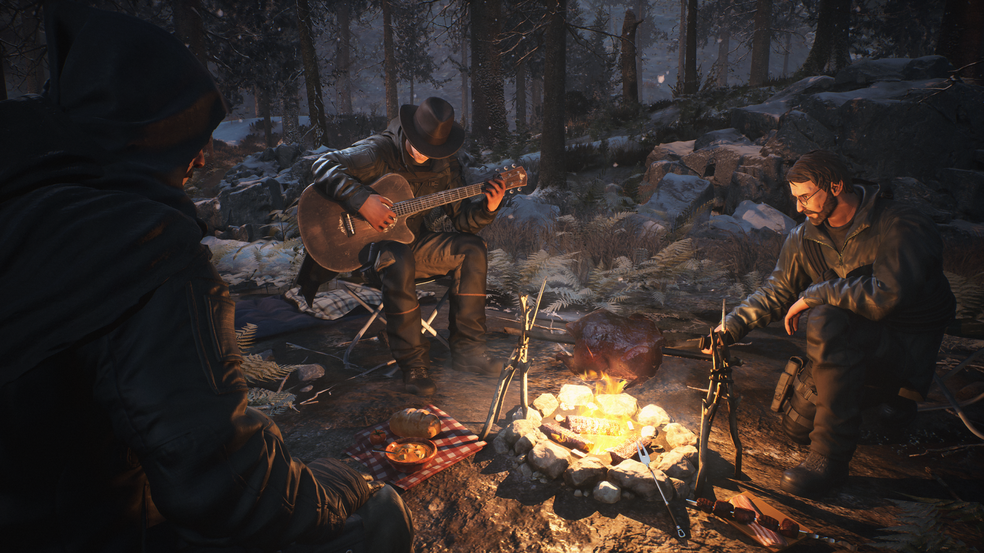HD wallpaper of a serene campfire scene from The Day Before game, featuring characters playing guitar and relaxing.