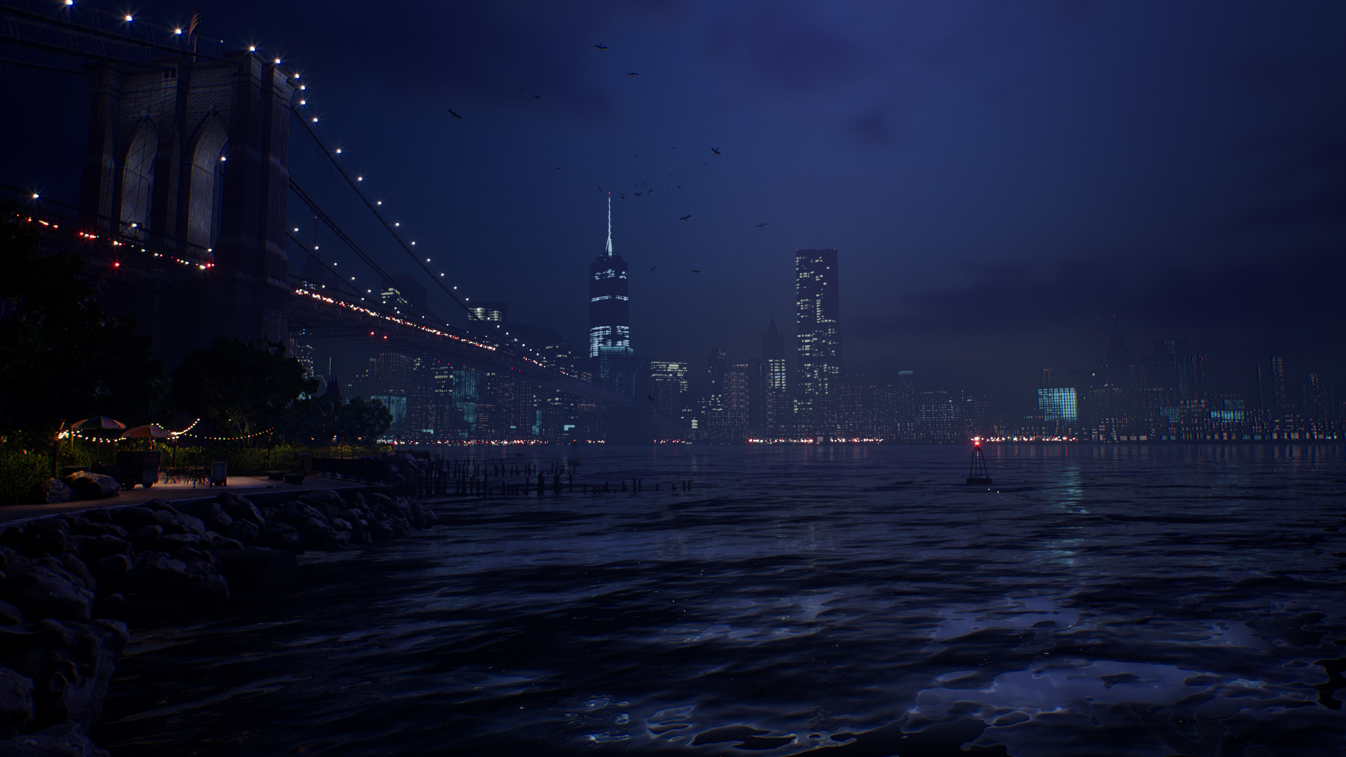 HD desktop wallpaper for Payday 3 showcasing a nocturnal cityscape with bridge and calm waters.