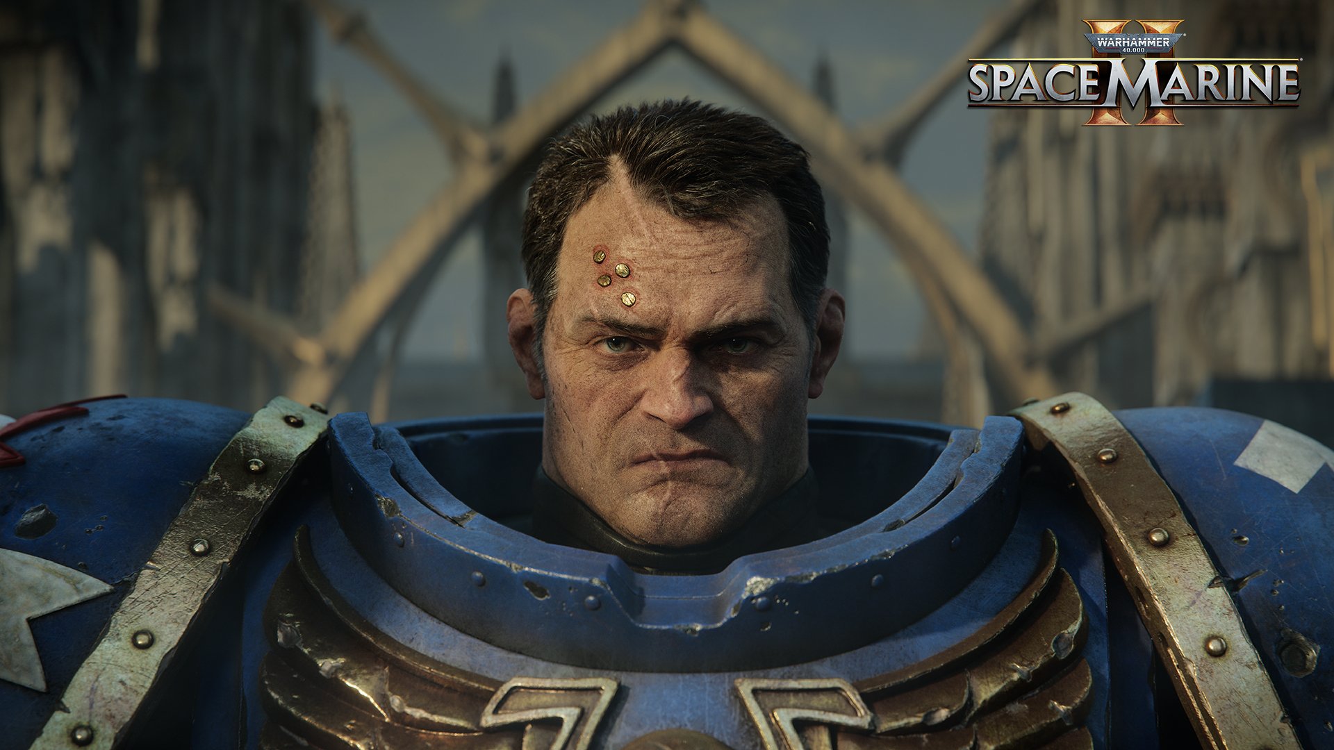 A high-definition wallpaper featuring a character from Warhammer 40,000: Space Marine II, showcasing detailed armor and a stern expression against a dramatic background.