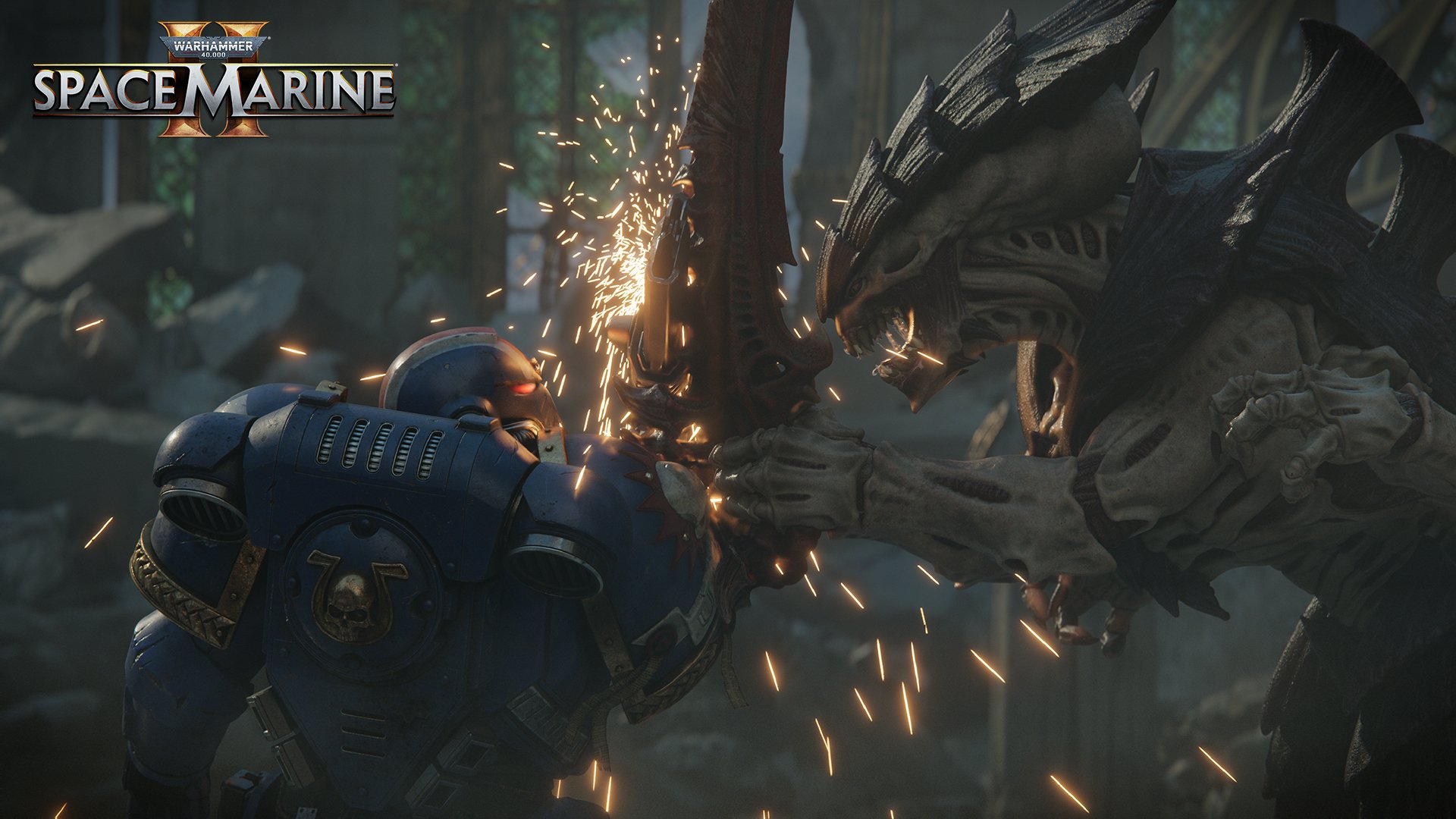 A thrilling scene from Warhammer 40,000: Space Marine II, featuring a Space Marine clashing with a monstrous foe amid flying sparks in a dynamic, HD wallpaper.