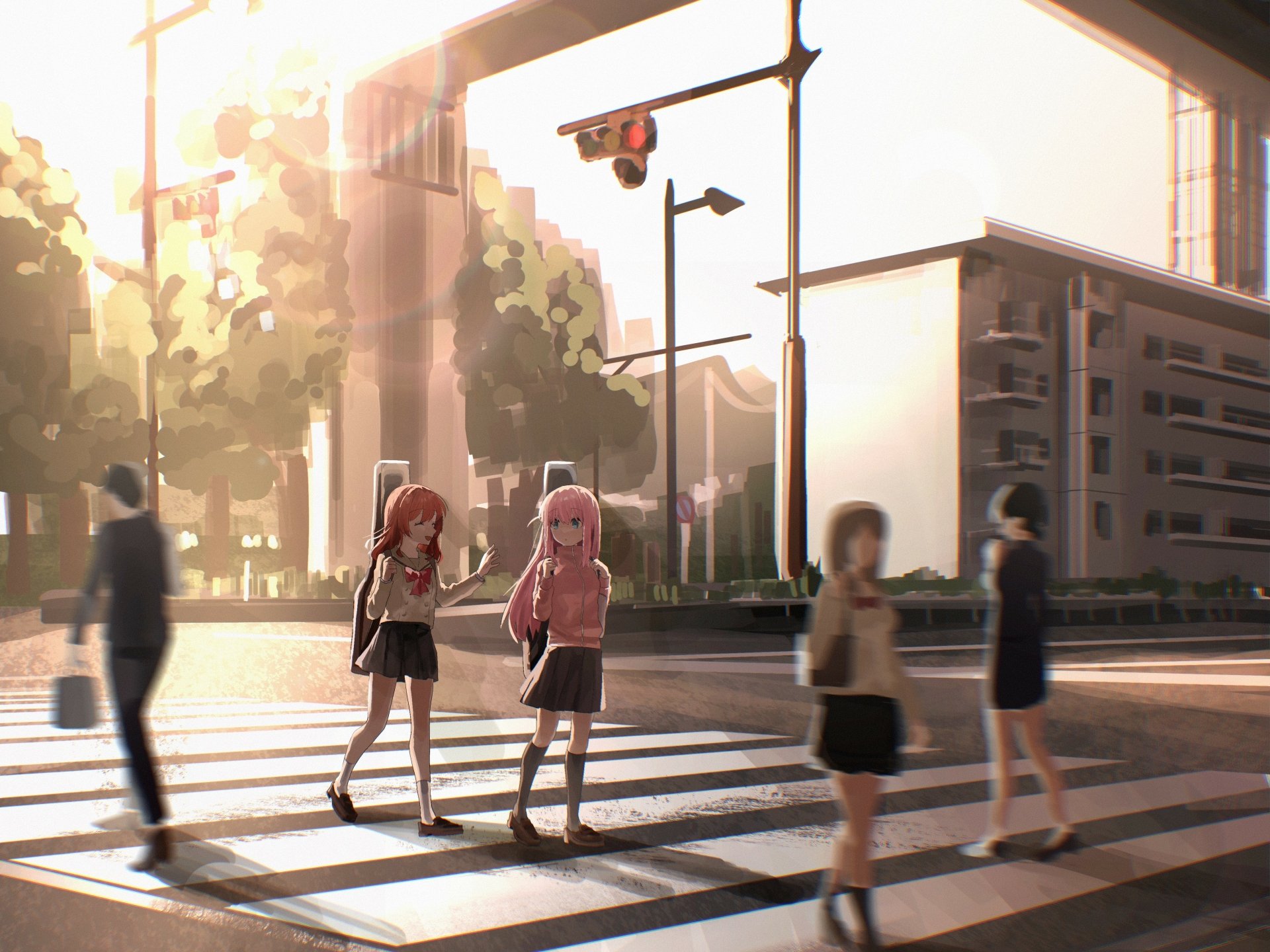 4K Ultra HD anime wallpaper featuring Hitori Gotou and Ikuyo Kita from Bocchi the Rock! walking on a sunlit city street crosswalk during golden hour.