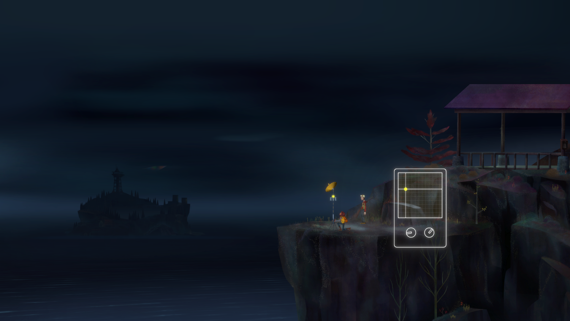 HD desktop wallpaper featuring a mysterious scene from Oxenfree II: Lost Signals with atmospheric coastal cliffs and ghostly silhouettes in the background.