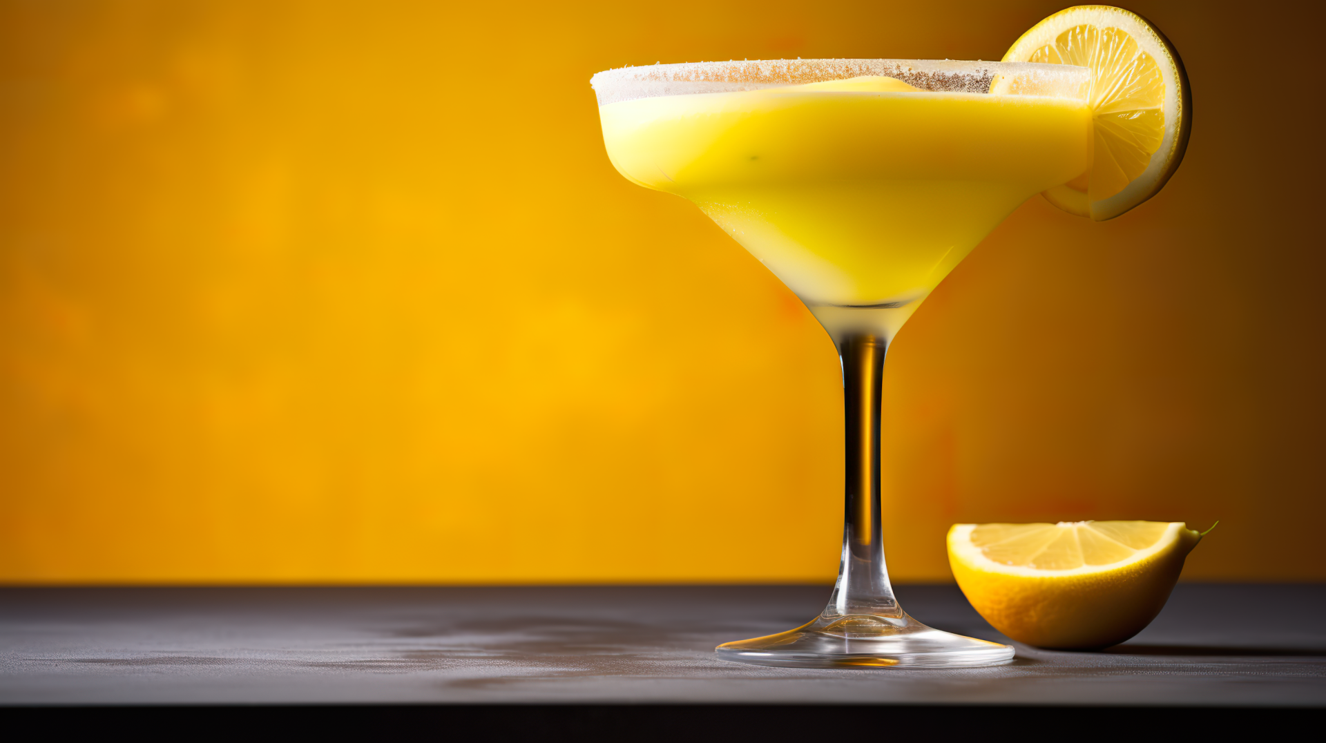 HD desktop wallpaper featuring a vibrant yellow Daiquiri in a cocktail glass, garnished with a lemon slice, set against a warm yellow backdrop.