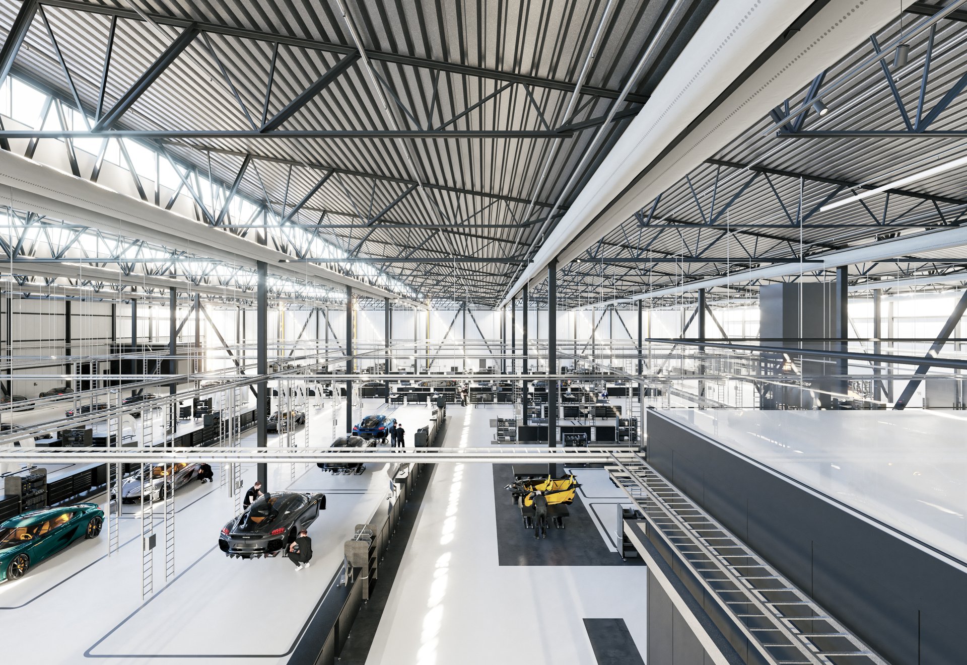 HD desktop wallpaper featuring an interior view of the Koenigsegg Gemera manufacturing facility with multiple vehicles in production.