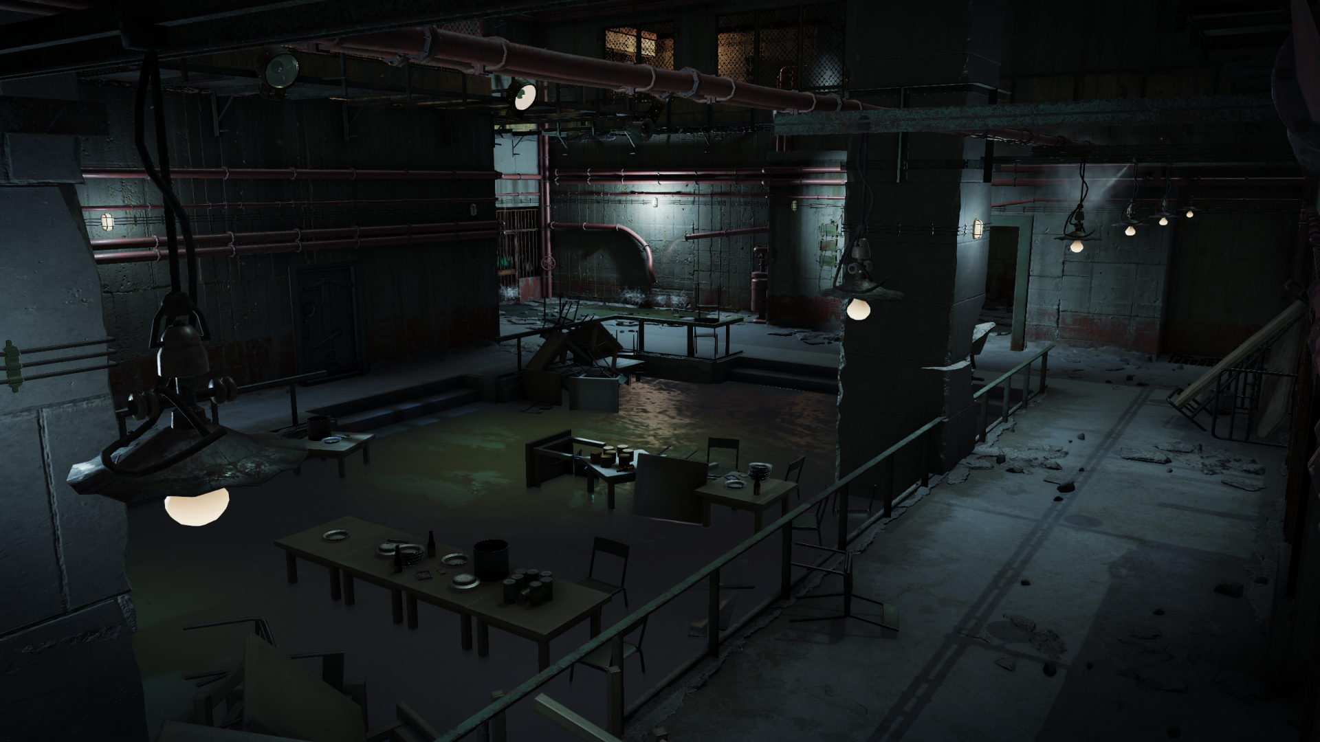 HD desktop wallpaper from the video game Jagged Alliance 3 featuring a dimly-lit, abandoned industrial interior with tables and debris.