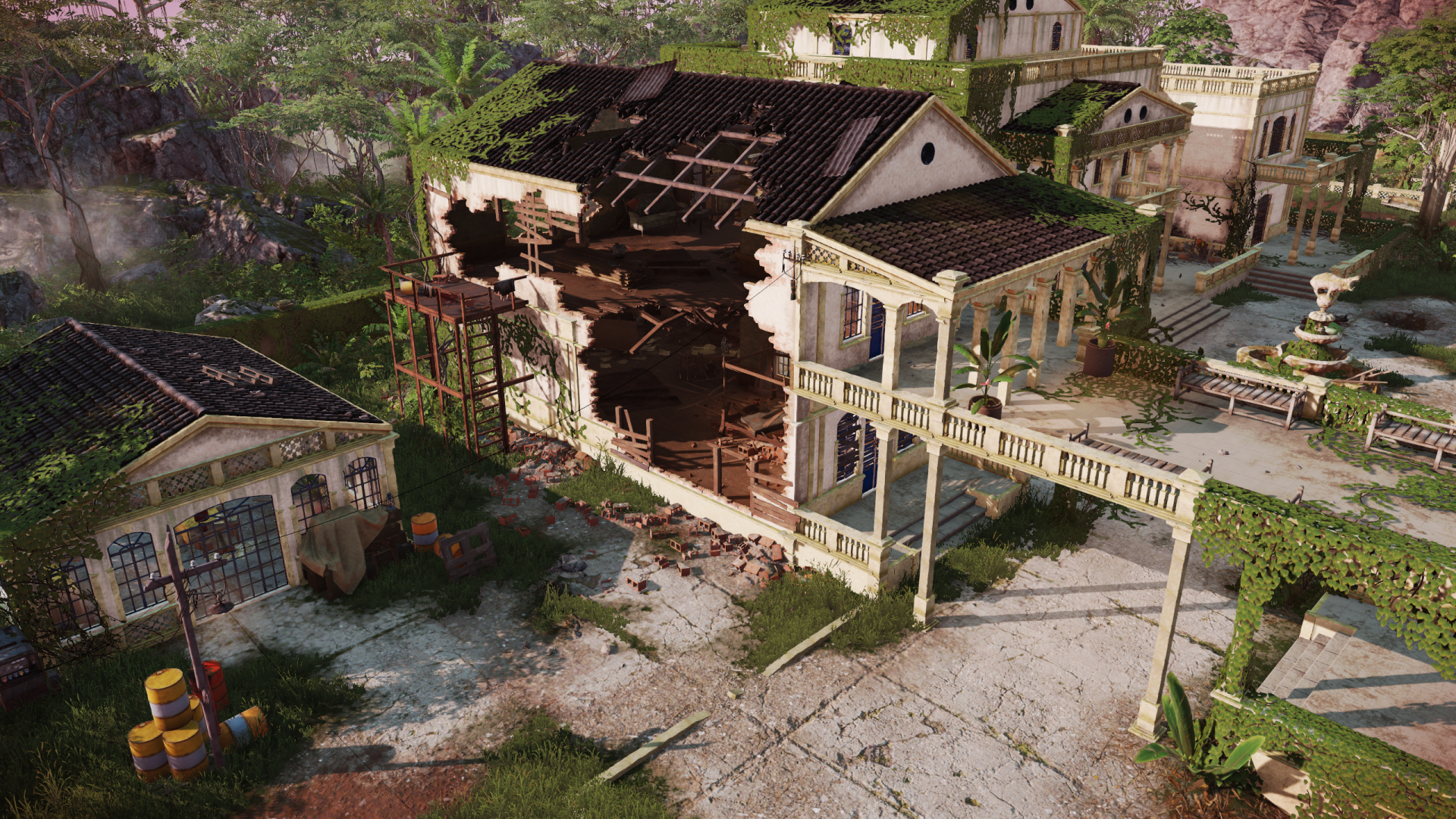 HD desktop wallpaper from Jagged Alliance 3 featuring a detailed scene of a dilapidated building amidst lush surroundings.