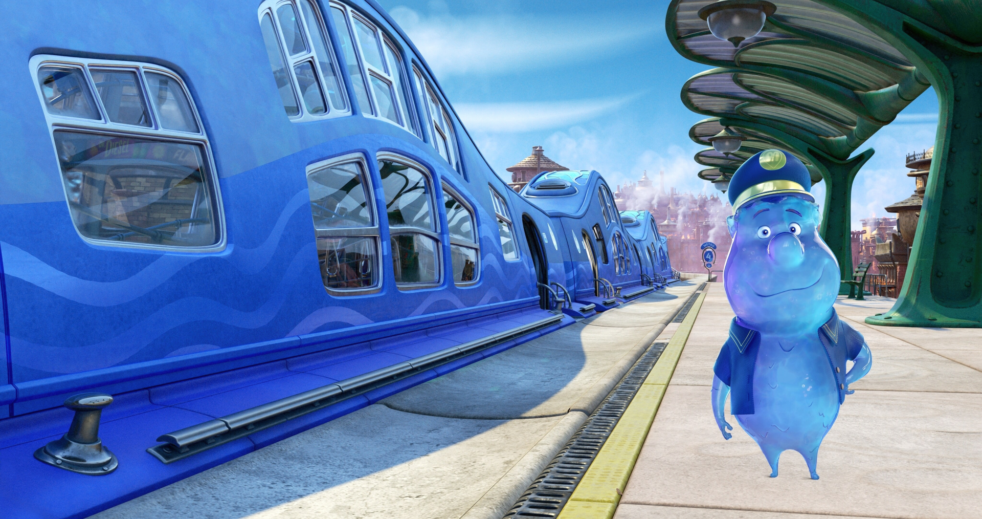 HD desktop wallpaper from the movie Elemental featuring a whimsical blue character standing by futuristic blue trains at a station.