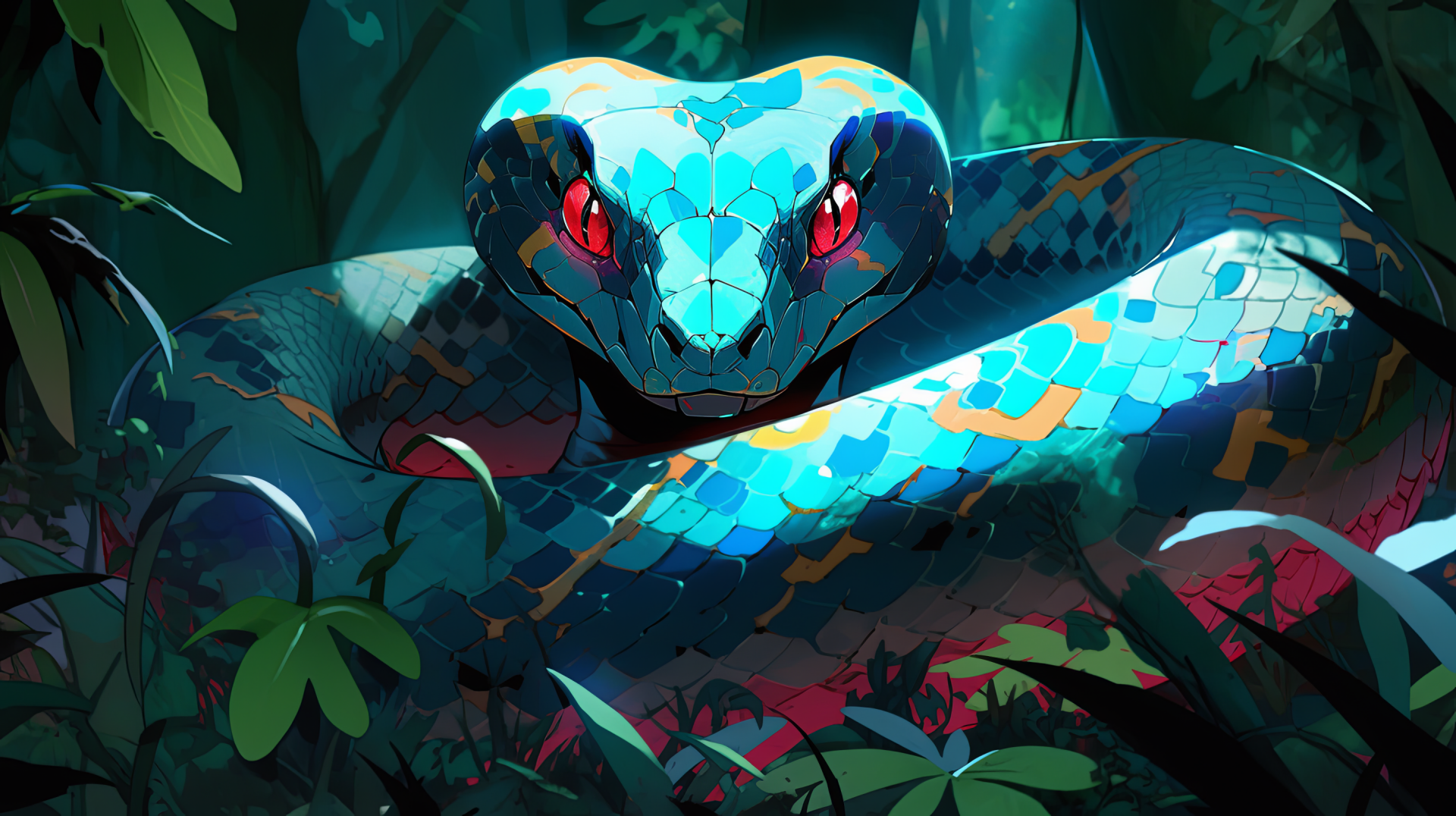 A striking HD wallpaper featuring an AI-generated snake, its vibrant scales reflecting shades of blue and orange, set against a lush, green jungle background.