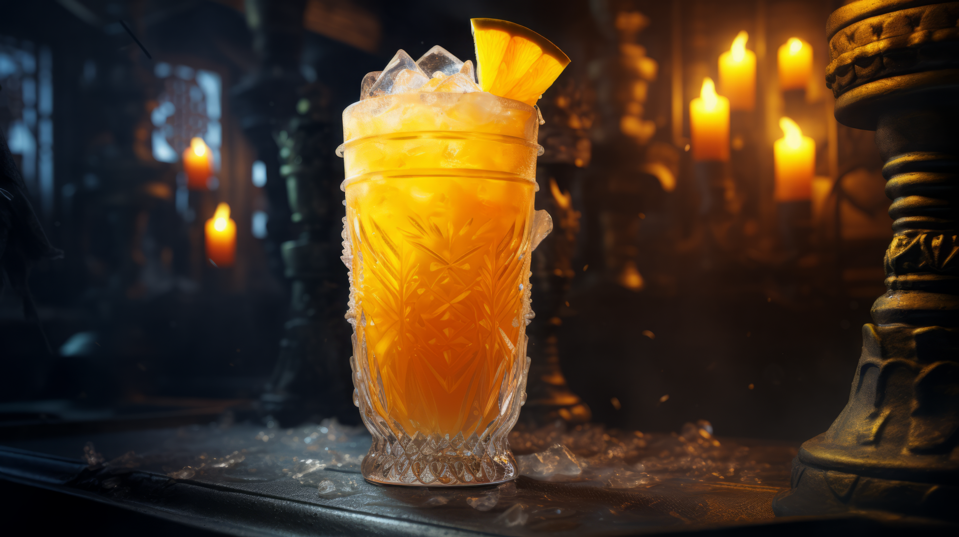 HD wallpaper of a refreshing daiquiri cocktail with ice and a slice of orange, set against a moody backdrop with candlelight, created by AI art.