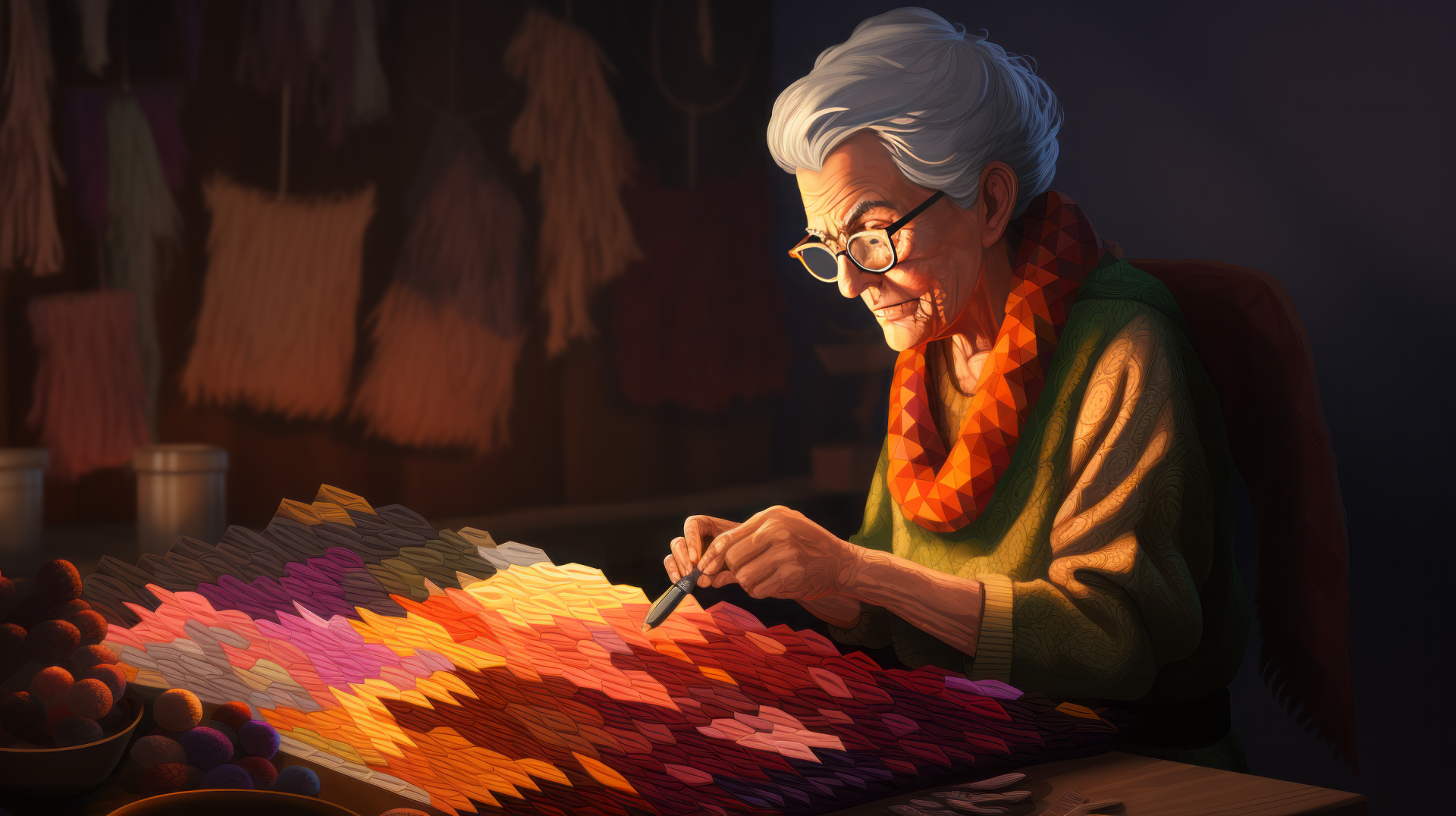 An elderly woman with glasses crafts vibrant colored patterns, surrounded by yarn. This HD wallpaper captures her warmth and creativity in a cozy, inviting setting.