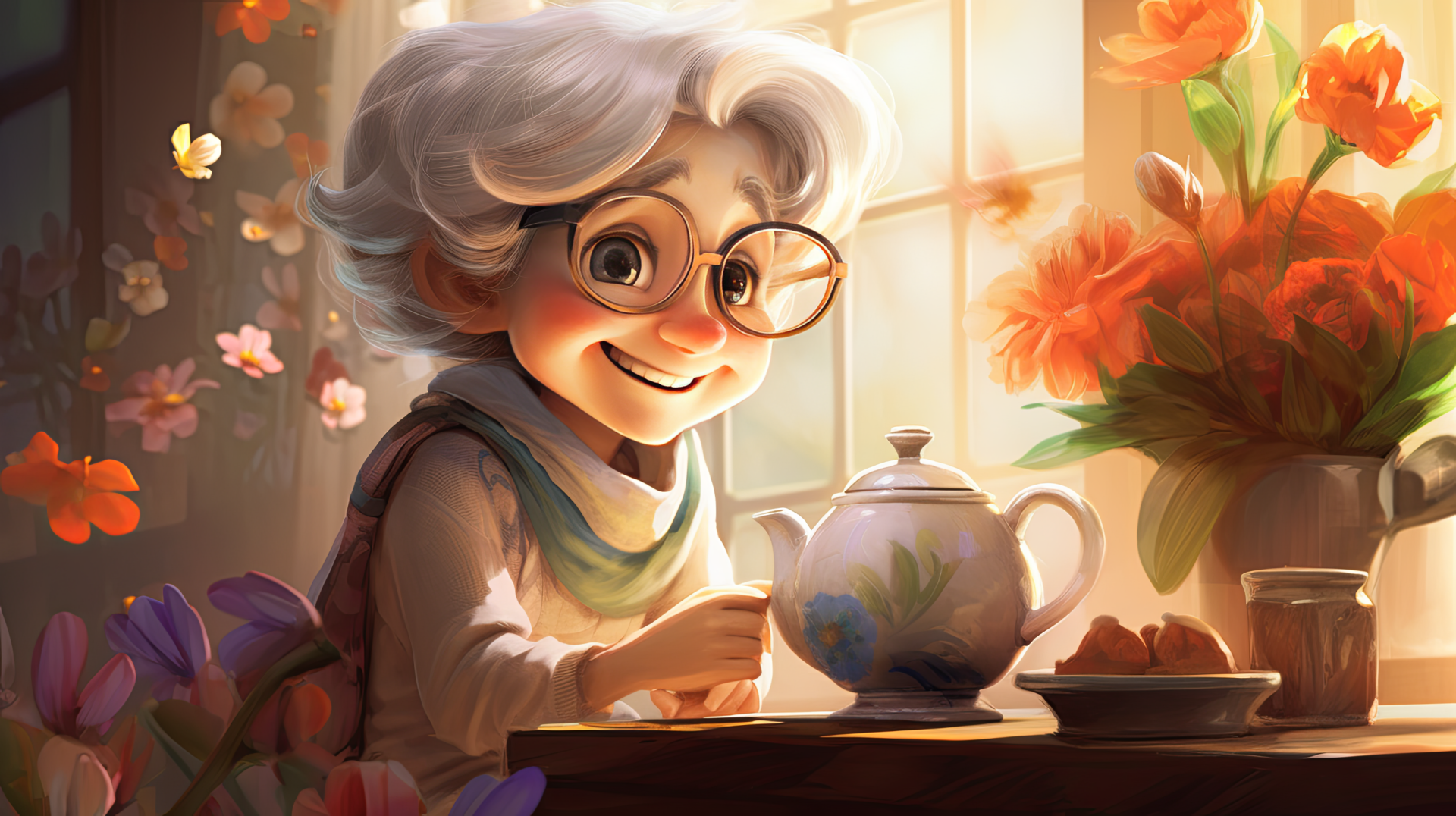 A cheerful grandmother with glasses smiles while sitting at a table, surrounded by flowers and sunlight, as she pours tea from a delicate teapot, creating a warm, inviting scene.