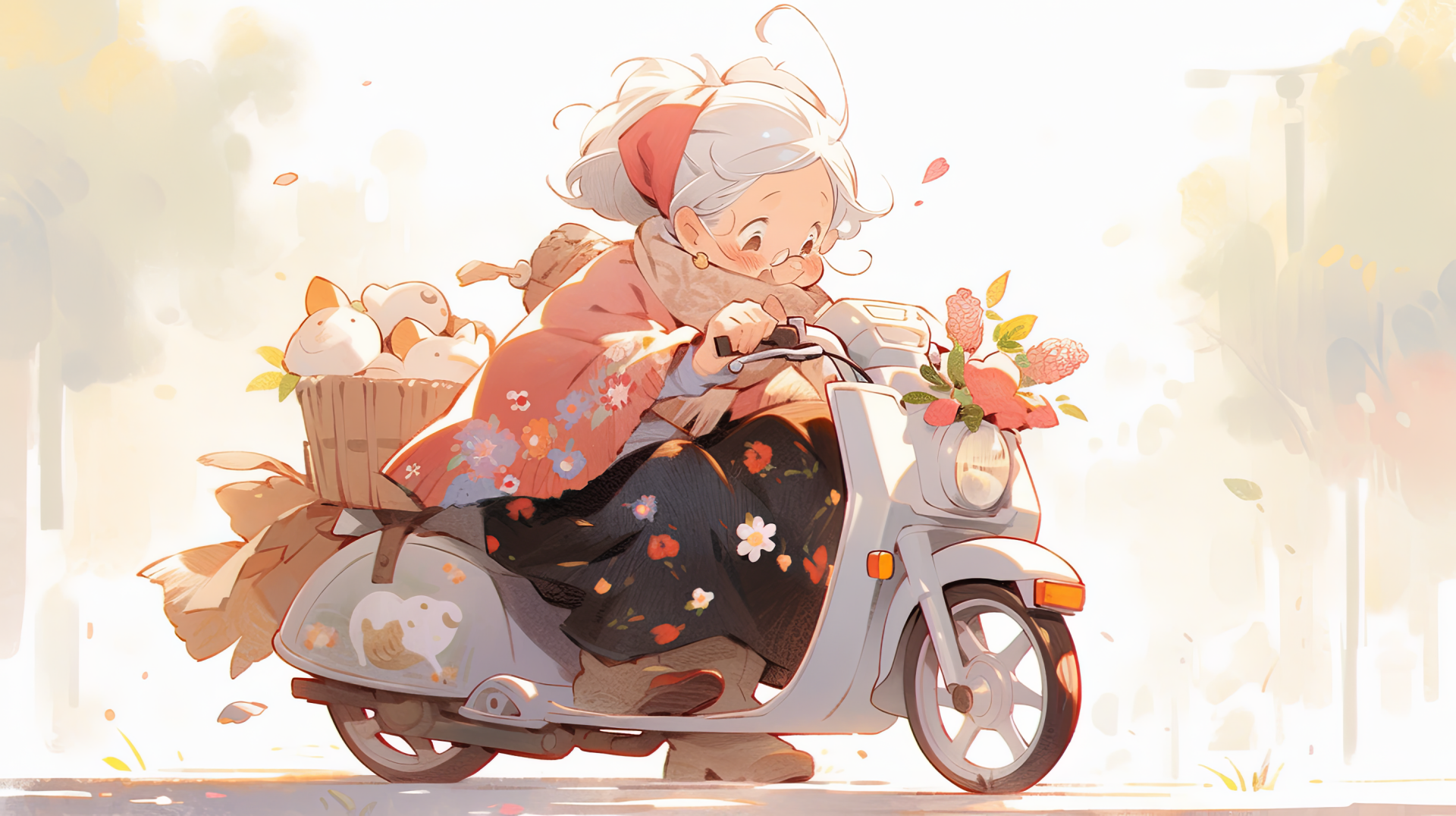 A charming illustration of a grandmother riding a scooter, adorned with flowers and a basket, set against a soft, light background. This HD image captures a joyful, whimsical moment.