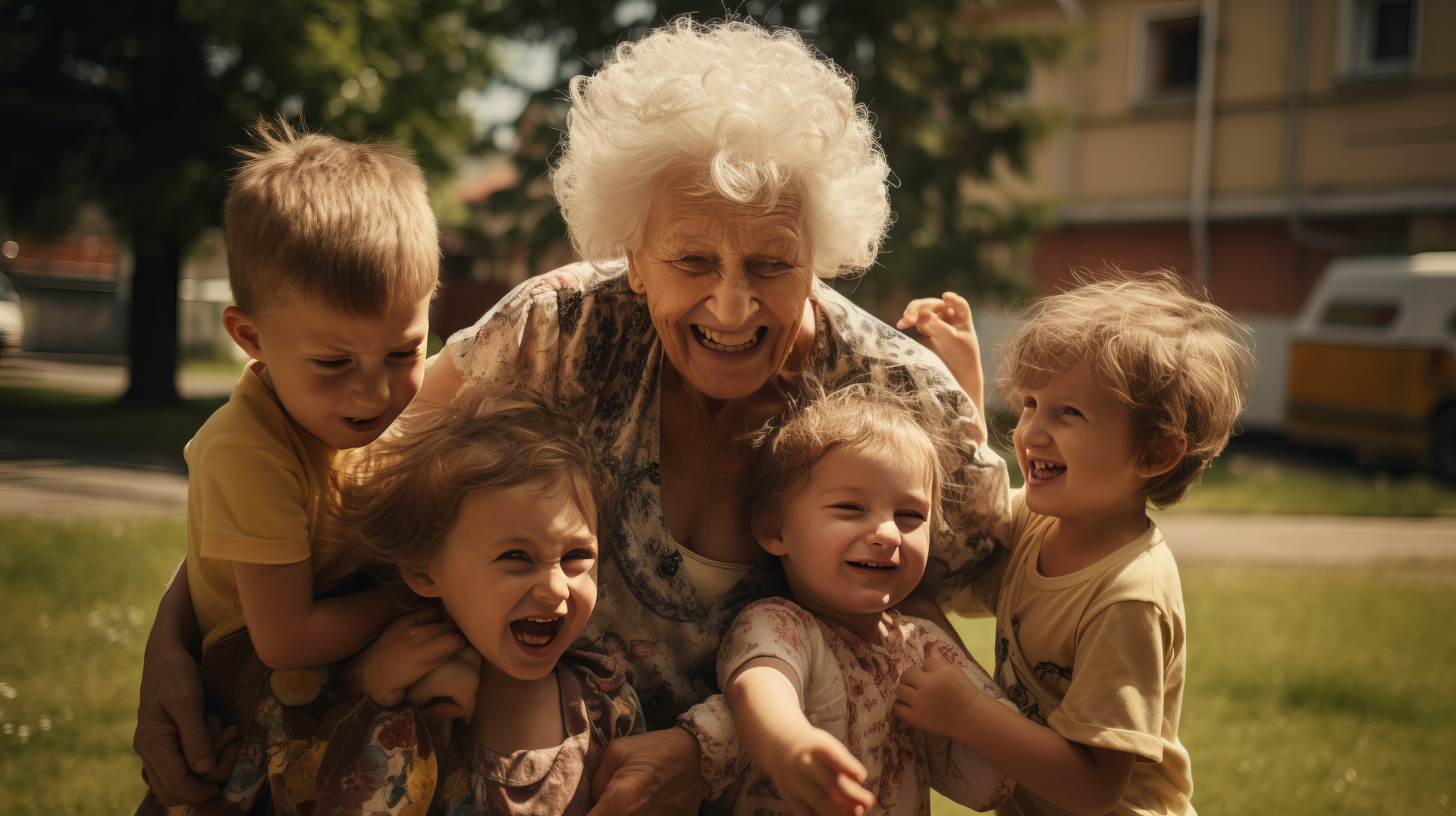 A joyful grandmother surrounded by four laughing children, capturing a heartwarming moment of family togetherness in a sunlit outdoor setting. HD wallpaper background.