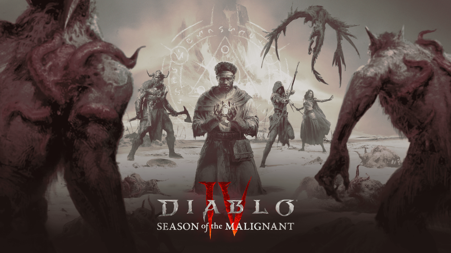 HD desktop wallpaper for Diablo IV, featuring a dramatic scene with a central character and menacing figures, titled Season of the Malignant.
