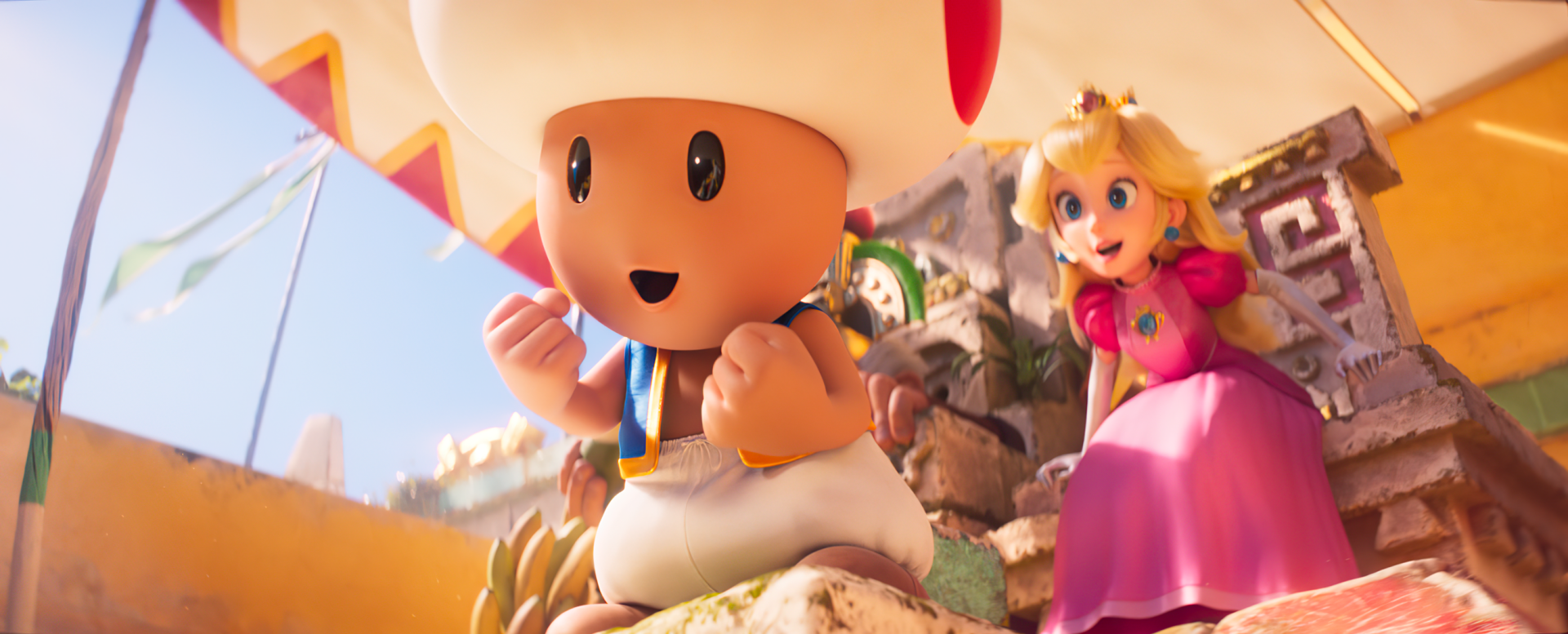 HD desktop wallpaper from the Super Mario Bros. movie (2023), featuring Toad and Princess Peach in a vibrant, sunny setting.