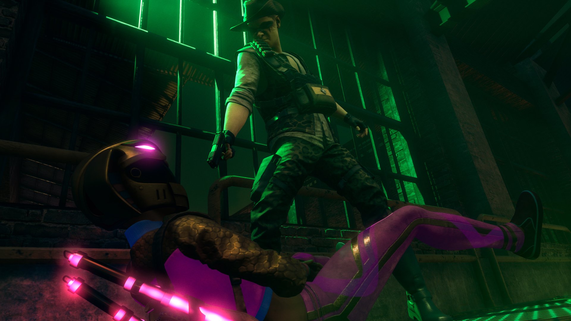 HD desktop wallpaper from Saints Row (2022) showcasing a dynamic nighttime scene with a character stepping over a defeated enemy, highlighted by vibrant neon lights.