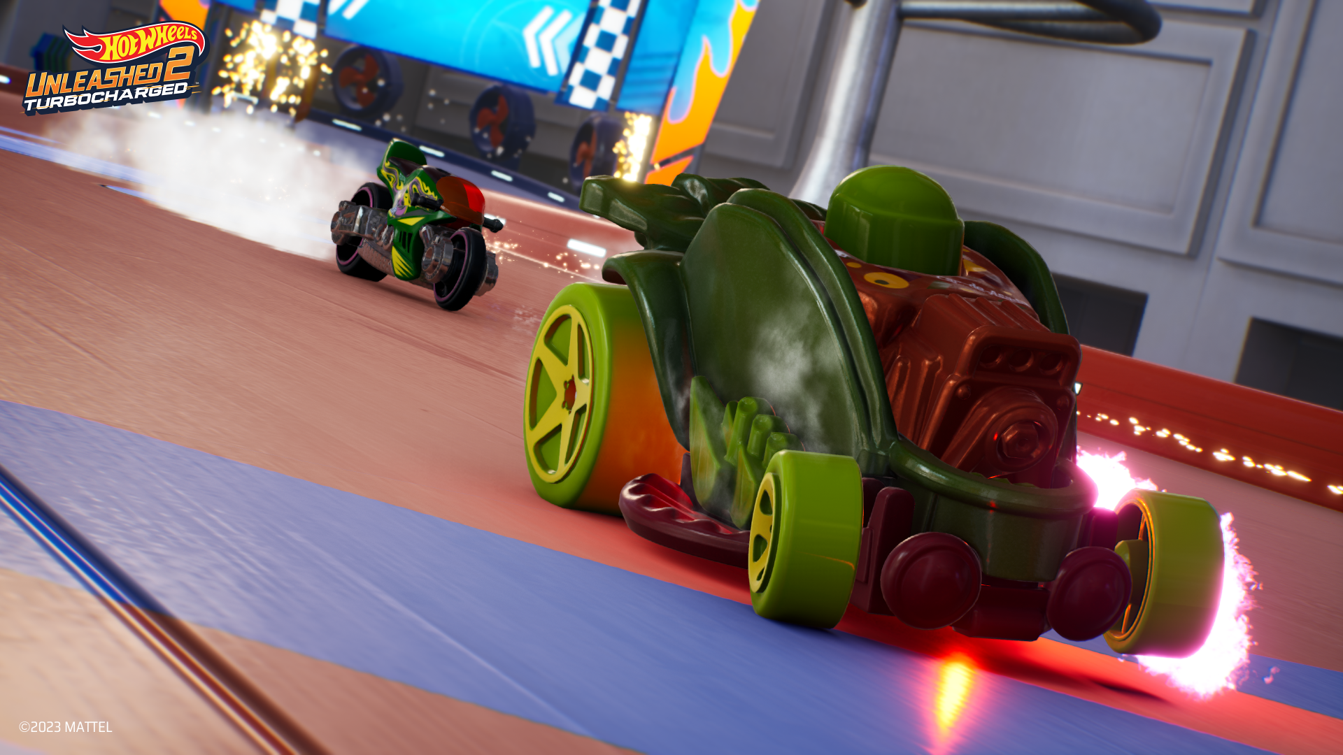 HD desktop wallpaper from Hot Wheels Unleashed 2: Turbocharged featuring dynamic race cars on a vibrant track with bright effects.