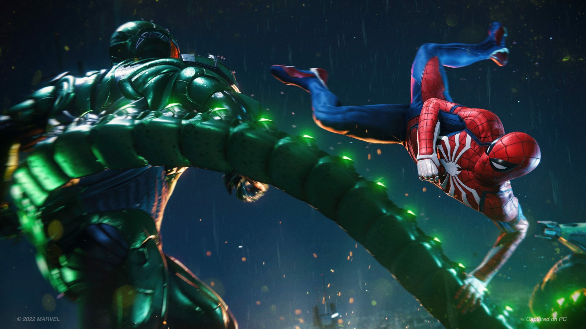 HD desktop wallpaper from Marvel's Spider-Man Remastered showing Spider-Man in combat with the villain Rhino.