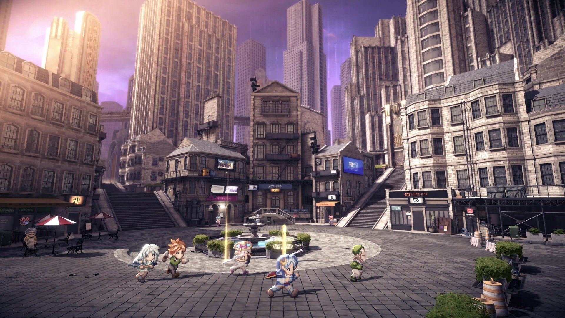 HD wallpaper featuring a cityscape scene from Star Ocean: The Second Story R with characters engaged in battle.